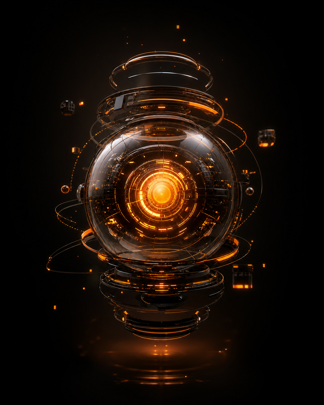 Floating amber AI core object with chrome rings and dark glass surfaces