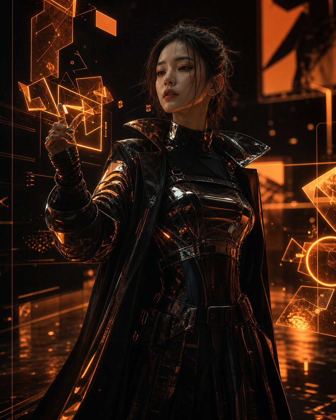 Cyber campaign render of a female character interacting with orange geometric interface panels