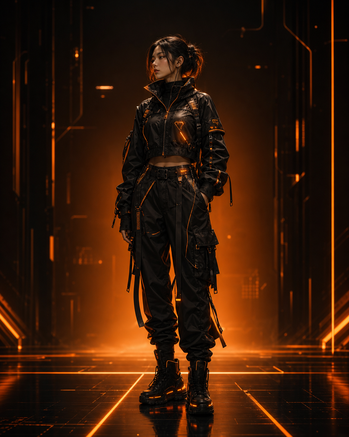 Full-body render of a futuristic black techwear female character on an amber runway